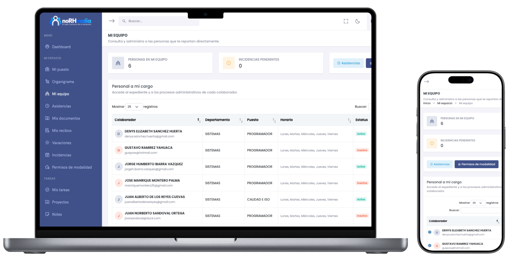Plataforma de Recursos Humanos noRHmalia en computadora y teléfono